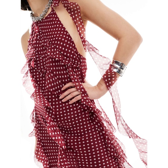 ASOS DESIGN red polka dot asymmetric frill detail mini dress in rust spot - Picture 2 of 4
